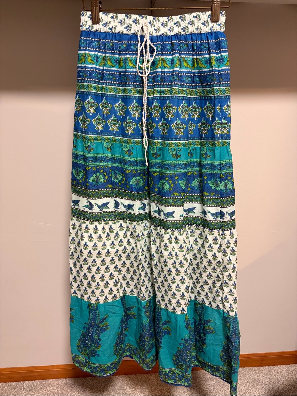 Bohemian Magazine Cottagecore Hippie Blue Green Print Maxi Skirt S Boho Cotton